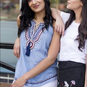 THML Light Blue Embroidered Tassel Tank Top